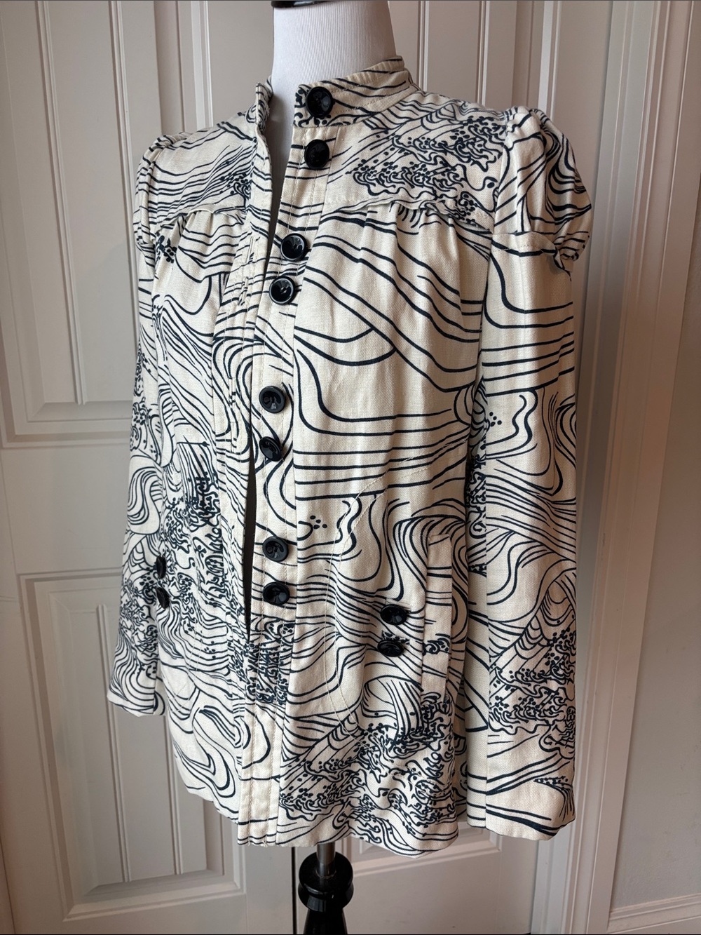 Anthropologie Elevenses Steamfest Wave Print Linen Blend Jacket Coat Size 4 - Picture 2 of 14